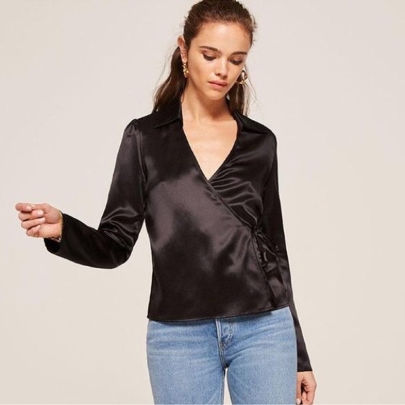 Reformation Silk Smith Top Long Sleeve Shirt V Neck Wrap Blouse in Black - Picture 11 of 12